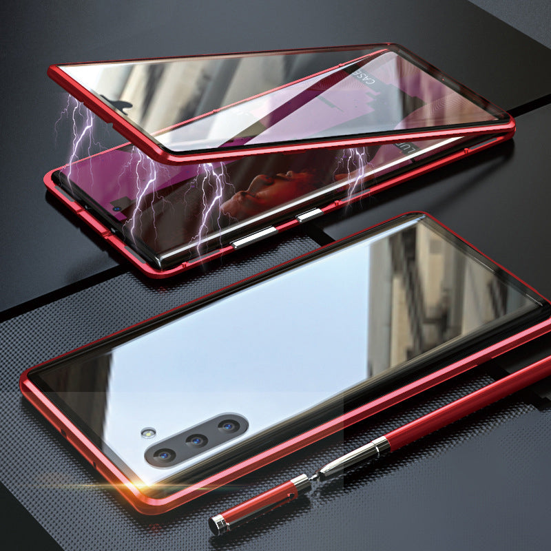 "Elegant dobbeltsidig magnetisk telefonveske med klar bakside og herdet glass for optimal beskyttelse."