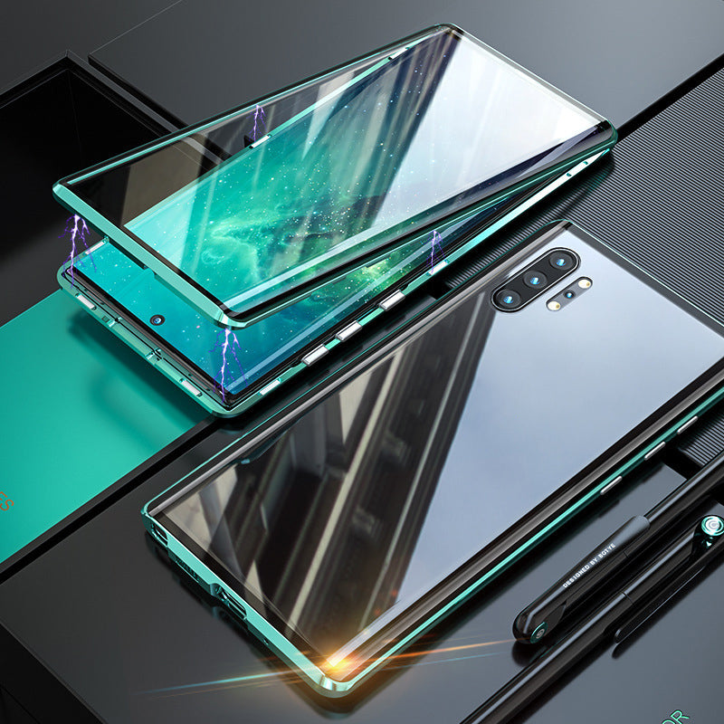 "Elegant dobbeltsidig magnetisk telefonveske med klar bakside og herdet glass for optimal beskyttelse."
