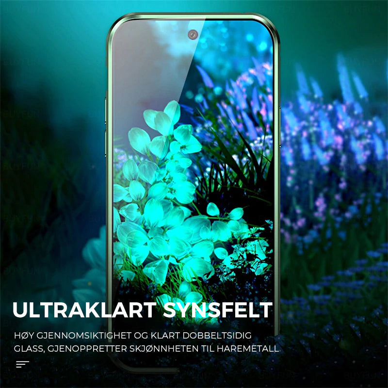 "Elegant dobbeltsidig magnetisk telefonveske med klar bakside og herdet glass for optimal beskyttelse."