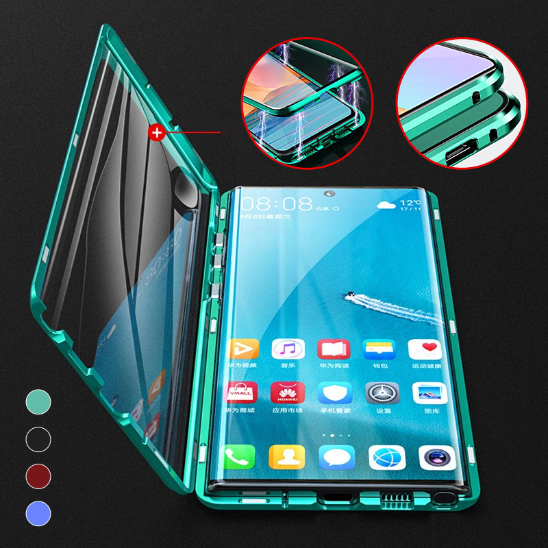 "Elegant dobbeltsidig magnetisk telefonveske med klar bakside og herdet glass for optimal beskyttelse."
