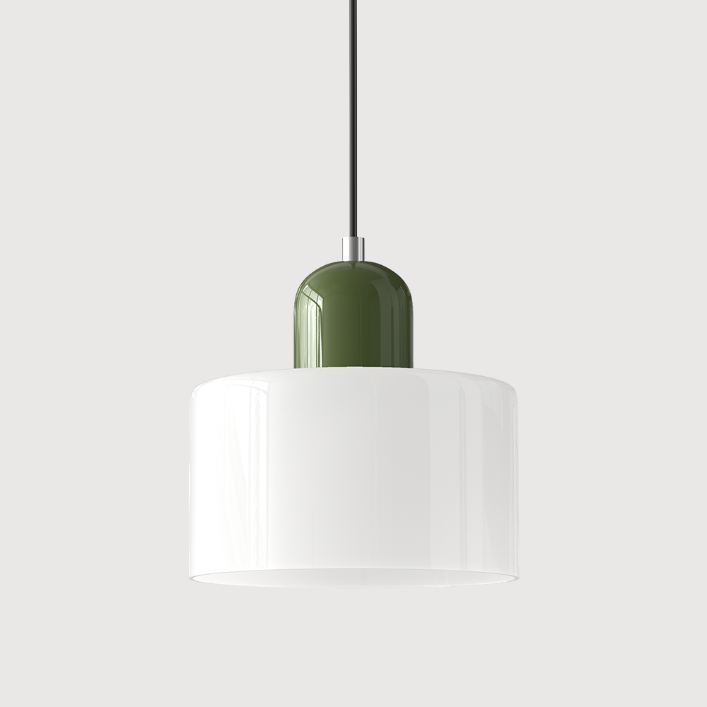 Elegant glasspendellampe med Bauhaus-design, justerbar oppheng, tilgjengelig i flere farger. Perfekt for moderne interiør.