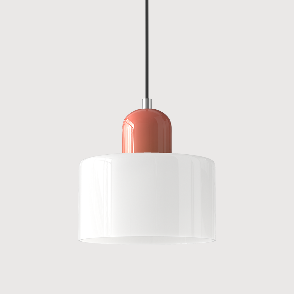 Elegant glasspendellampe med Bauhaus-design, justerbar oppheng, tilgjengelig i flere farger. Perfekt for moderne interiør.