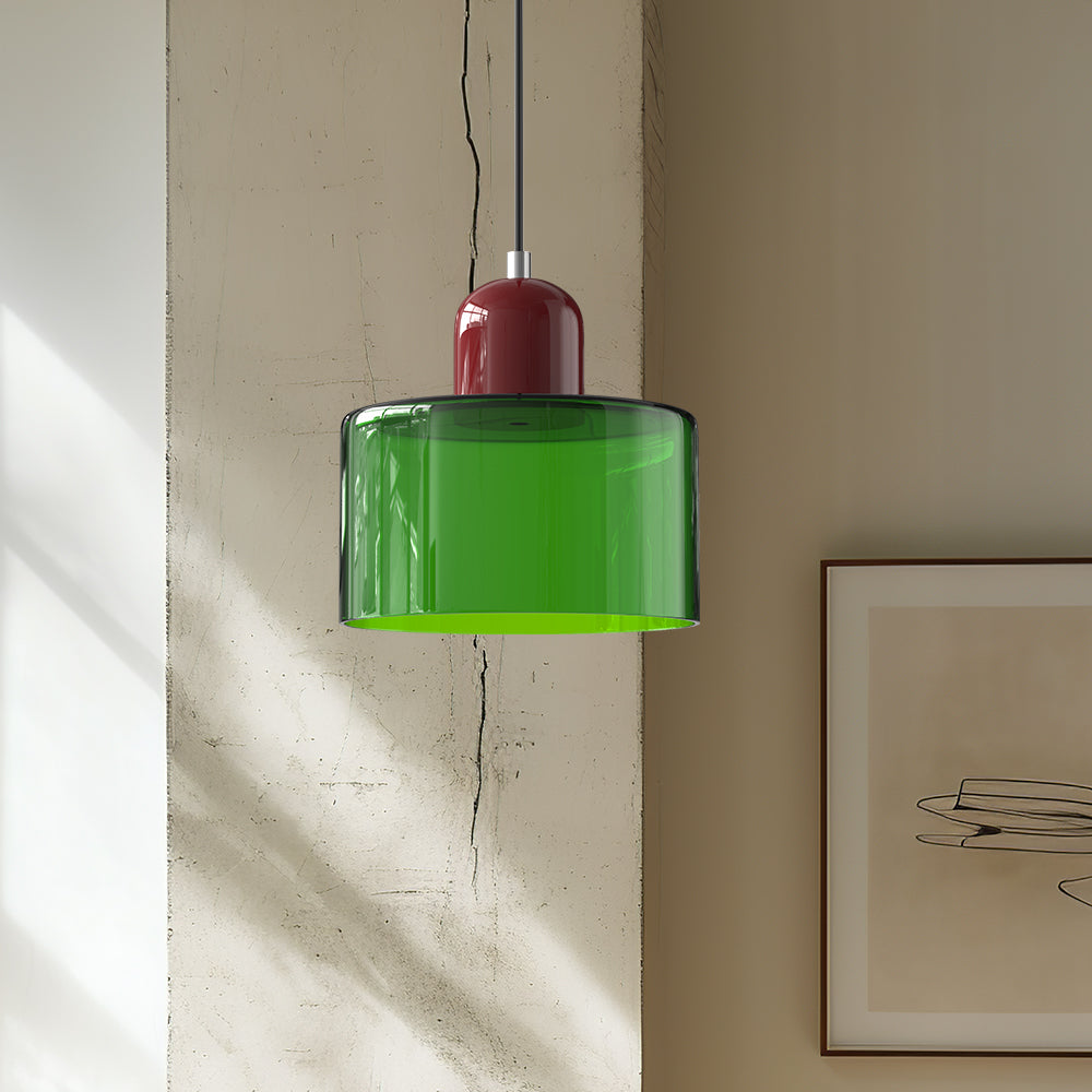 Elegant glasspendellampe med Bauhaus-design, justerbar oppheng, tilgjengelig i flere farger. Perfekt for moderne interiør.