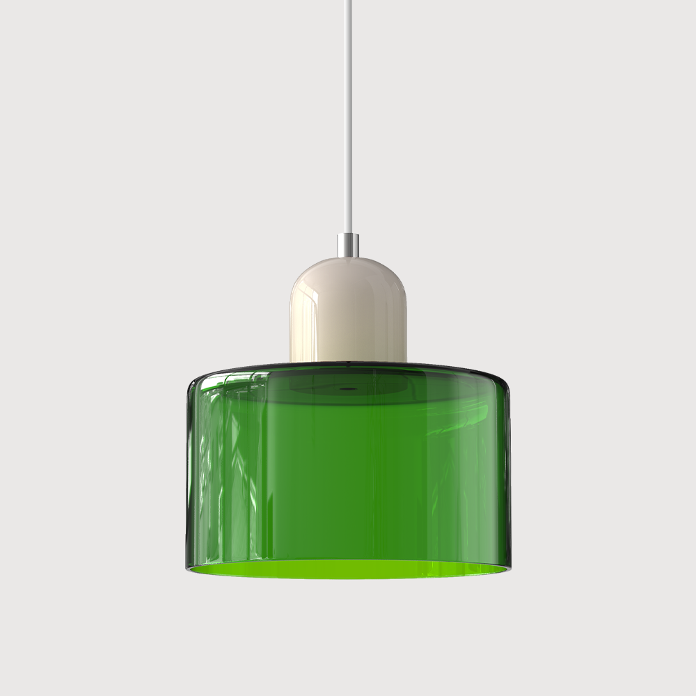 Elegant glasspendellampe med Bauhaus-design, justerbar oppheng, tilgjengelig i flere farger. Perfekt for moderne interiør.