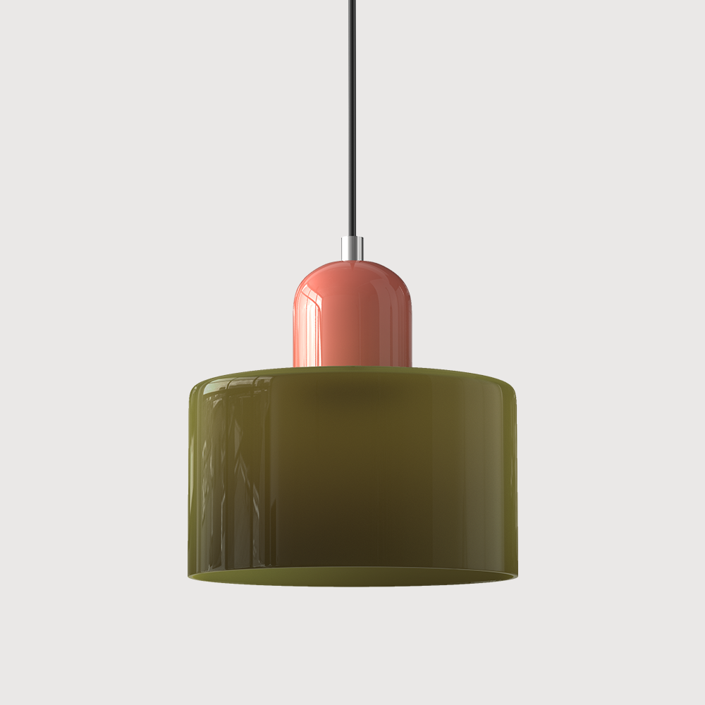 Elegant glasspendellampe med Bauhaus-design, justerbar oppheng, tilgjengelig i flere farger. Perfekt for moderne interiør.