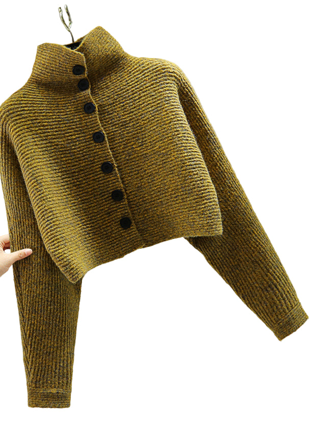 Elegant gul dame turtleneck genser med flaggermusermer. Komfortabel strikkegenser med romslig passform, perfekt høstgenser.