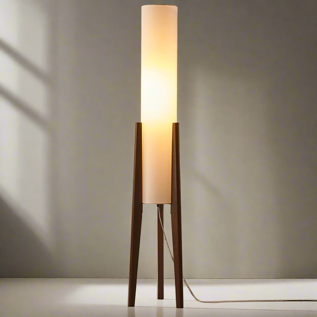 "Elegant gulvlampe i valnøtt med retro og moderne design, LED belysning og stoffskjerm for varm atmosfære."