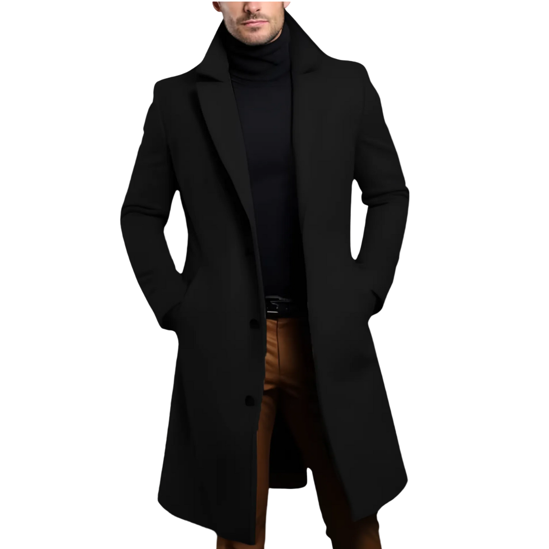 Fullfigur av en herre iført en tidløs, varm overcoat, ideell som vinterkåpe med skreddersydd passform.