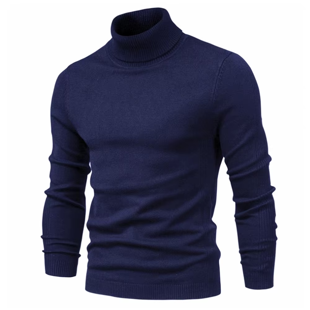 Nærbilde av stoffet på en herre turtleneck genser i kasjmir, viser tekstur og kvalitet for vinterdager.