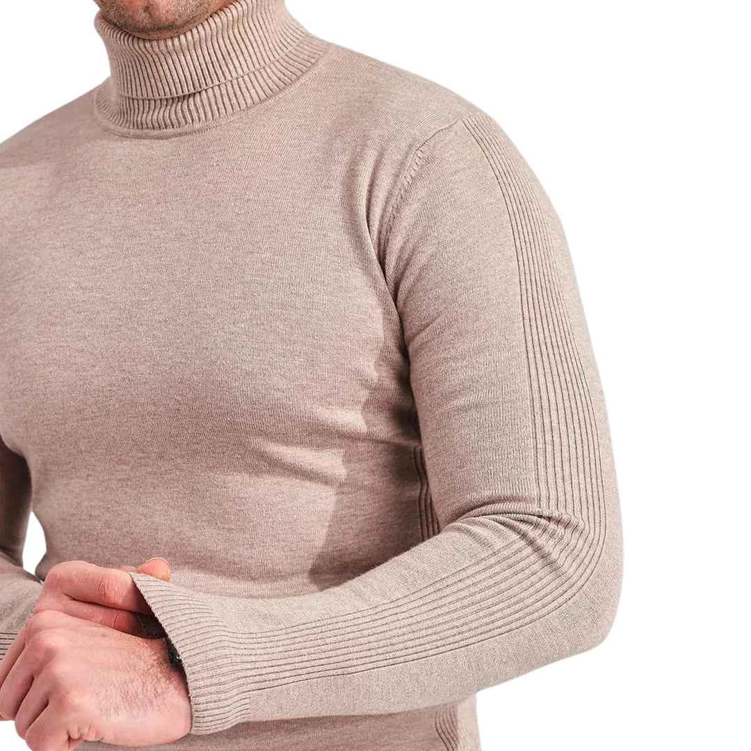 Stilig herre turtleneck genser, nærvisning av den fine strikken og den høye kragen, komfortabel og elegant.