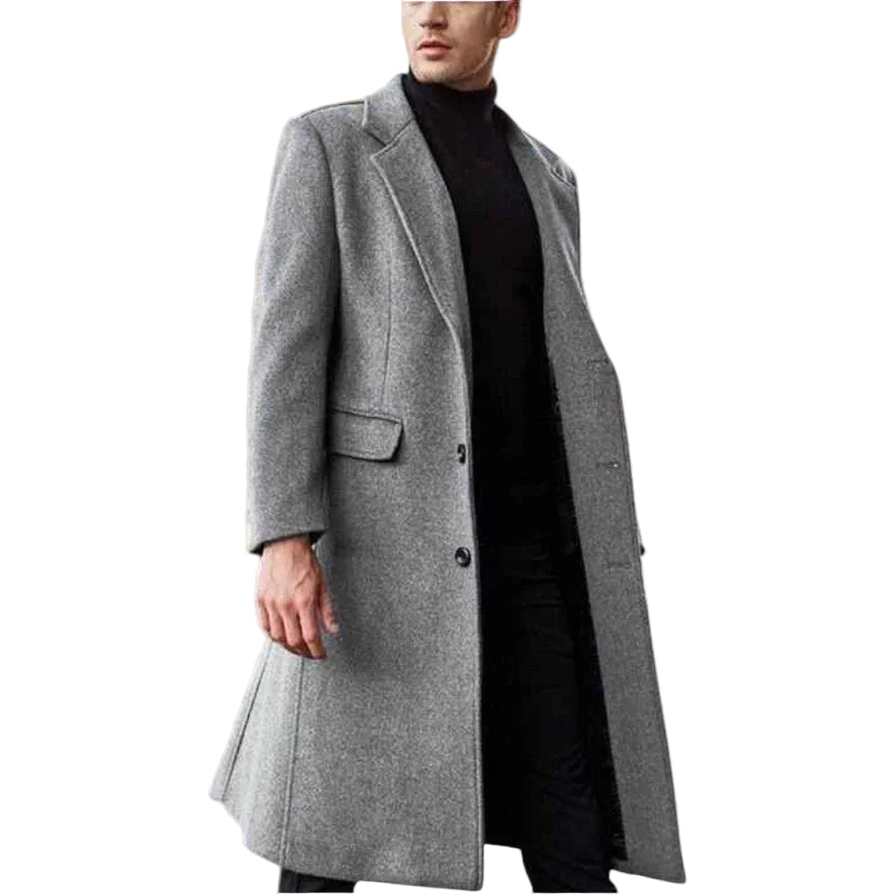 Elegant herre vinterfrakk i varm ullblanding, klassisk design perfekt for formelle og fritidsbruk.