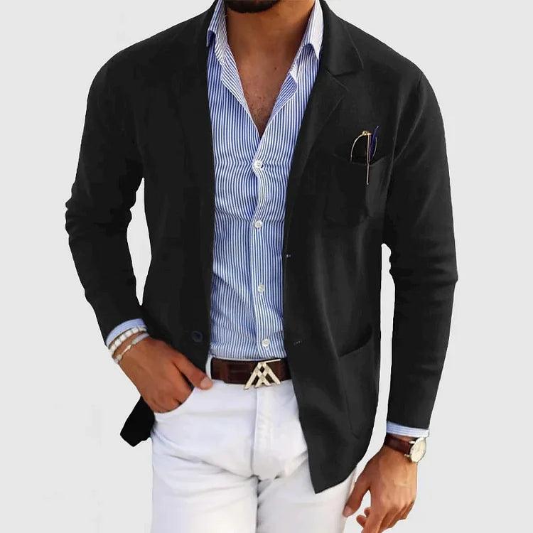 "Elegant herrecardigan i klassisk design med krage og lommer, tilgjengelig i mange farger for stilfull komfort."