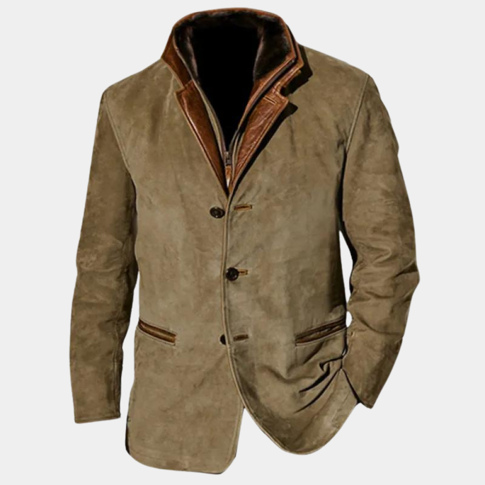 "Elegant herrejakke i khaki, svart, blå, brun og lilla, med sofistikerte detaljer og praktiske lommer."