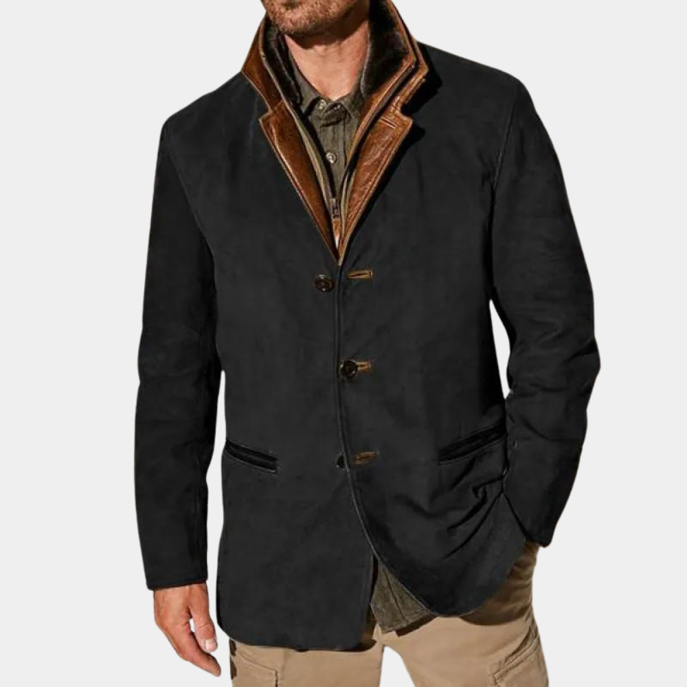 "Elegant herrejakke i khaki, svart, blå, brun og lilla, med sofistikerte detaljer og praktiske lommer."