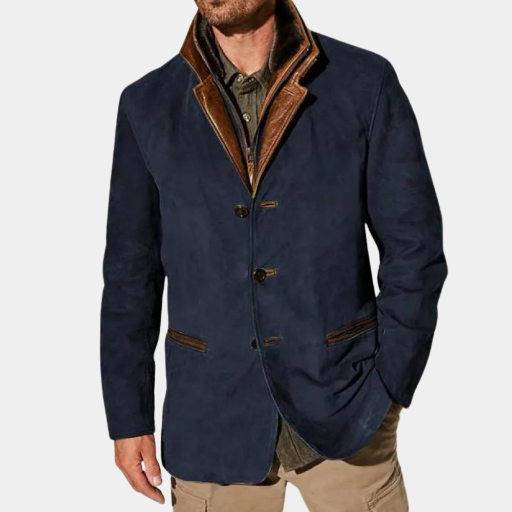 "Elegant herrejakke i khaki, svart, blå, brun og lilla, med sofistikerte detaljer og praktiske lommer."