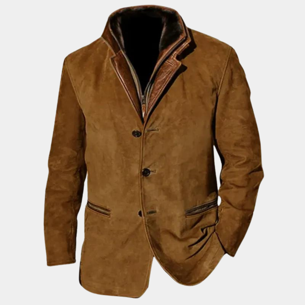 "Elegant herrejakke i khaki, svart, blå, brun og lilla, med sofistikerte detaljer og praktiske lommer."