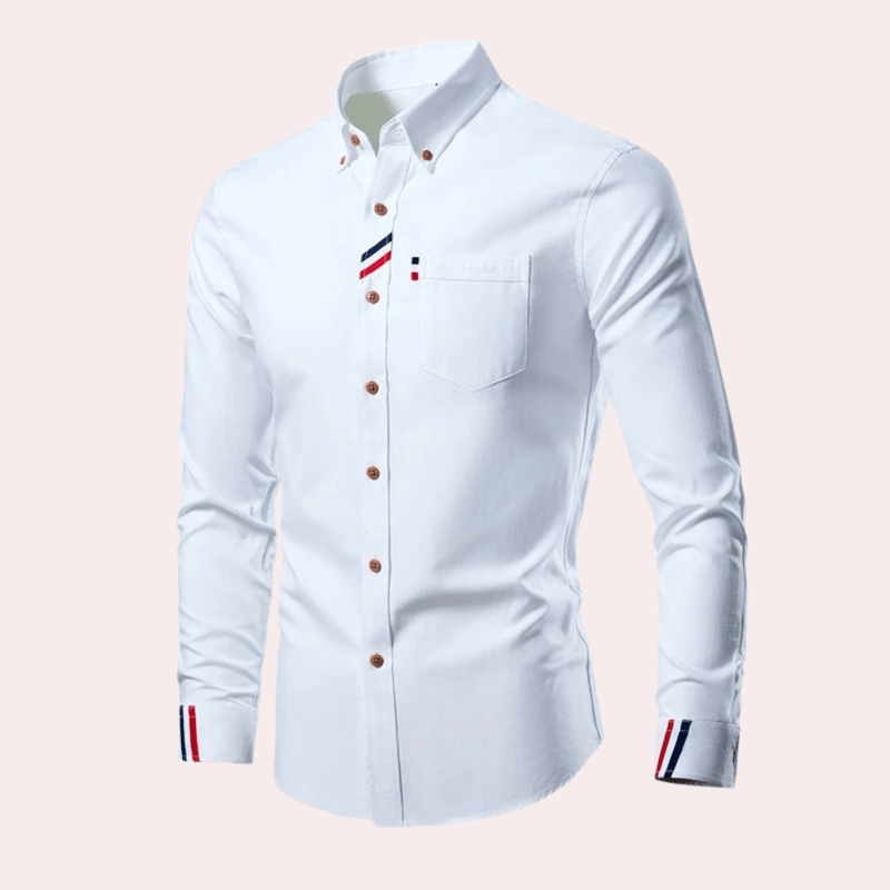 Herreklær: Mørkeblå linskjorte med lange ermer, elegant design, egnet for kontor og fritid.