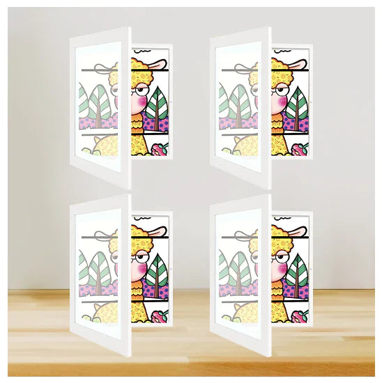 "Elegant, hvit 10x12,5 ramme for barnekunst, med glassfront og magnetlukking, ideell for tegninger og malerier."