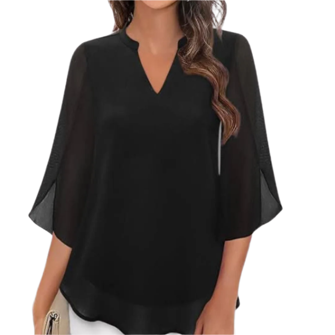 Elegant lagdelt V-hals bluse for kvinner, perfekt til fest eller kontor. Komfortabel damemote.