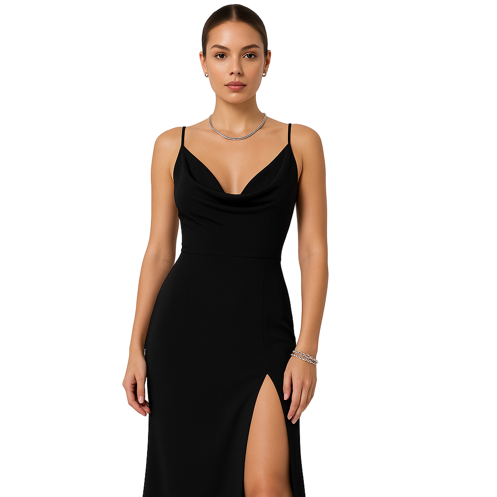 Elegant lang A-formet kvinnekjole med sidespalte, perfekt for formelle anledninger og galla.