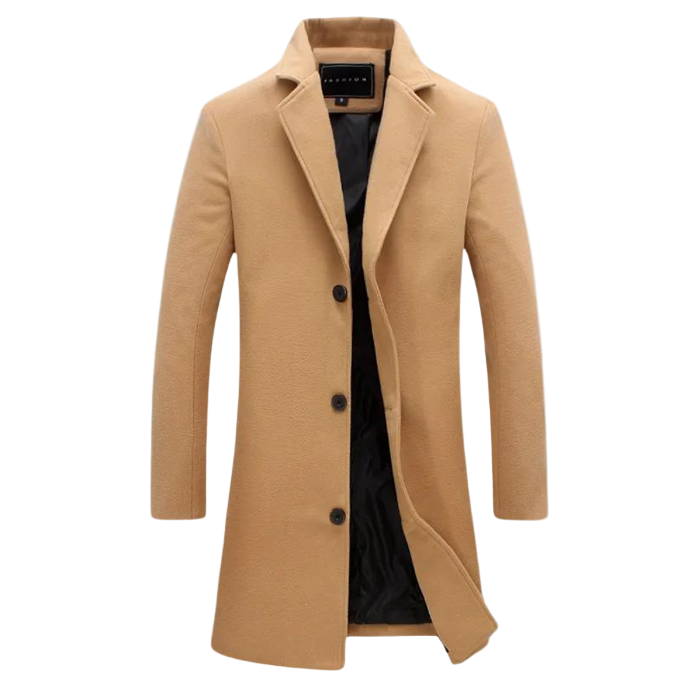Elegant, lang herrefrakk i klassisk stil, perfekt for moderne menn. Ideell høstfrakk og vinterfrakk for enhver anledning.