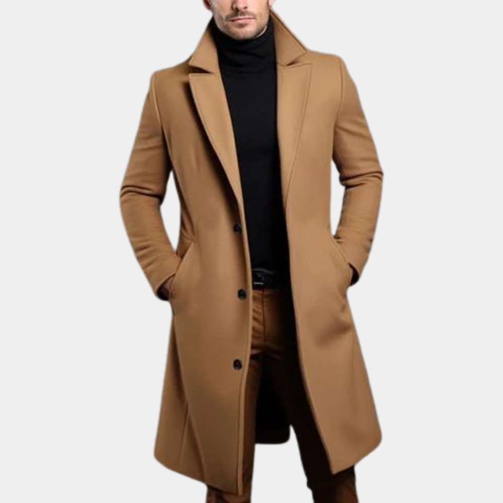 Stilren lang herrefrakk for business eller fritid. Sofistikert yttertøy som løfter menns mote med sin elegante stil.