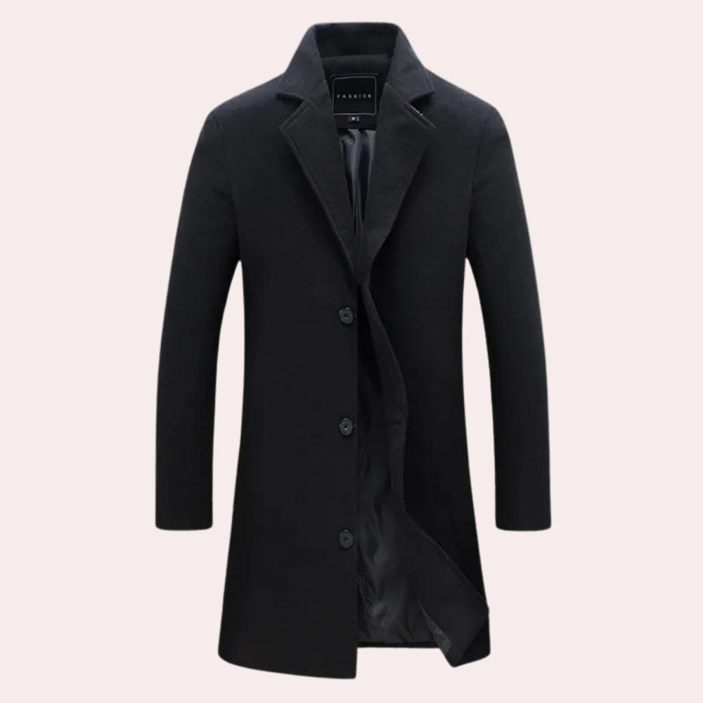 Tidløs lang herrefrakk. En varm og elegant vinterfrakk eller høstfrakk, perfekt for å fullføre din stilrene look.