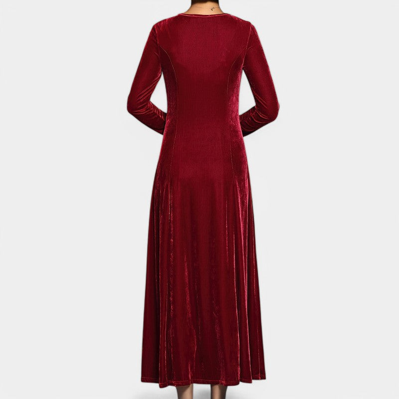 Bakside av elegant langermet midi kjole for kvinner. Flatterende a-linje, ideell som festkjole eller hverdagskjole.