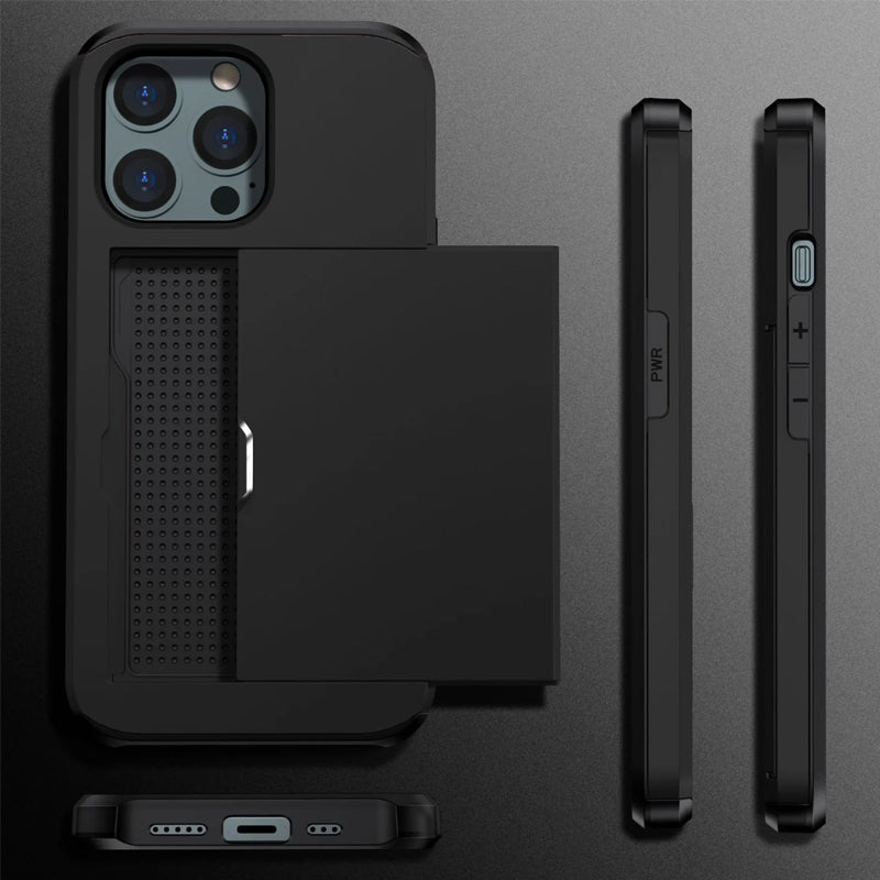 "Elegant lommebok telefonveske i svart TPU+PC med plass til kort, gir stilfull beskyttelse for iPhone, tilgjengelig i flere f