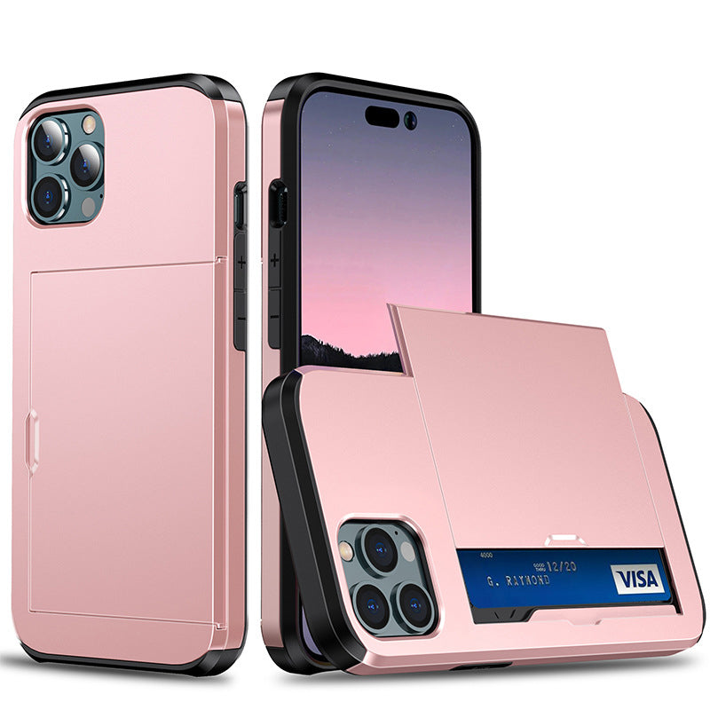 "Elegant lommebok telefonveske i svart TPU+PC med plass til kort, gir stilfull beskyttelse for iPhone, tilgjengelig i flere f
