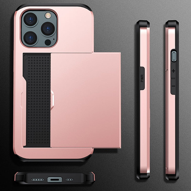 "Elegant lommebok telefonveske i svart TPU+PC med plass til kort, gir stilfull beskyttelse for iPhone, tilgjengelig i flere f