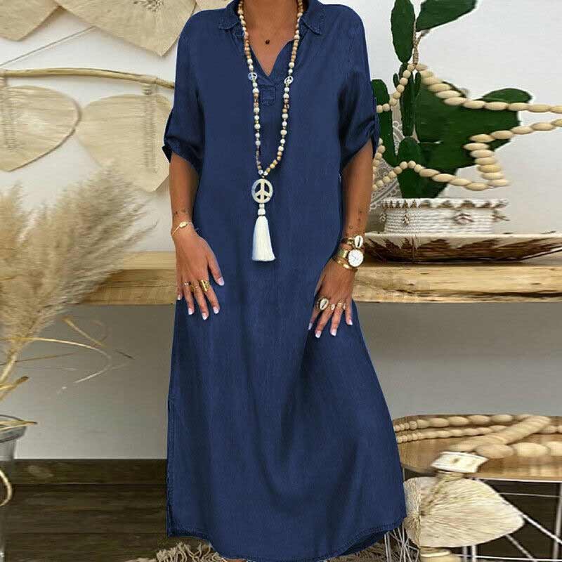 "Elegant maxi denimkjole med V-hals og splitt, kortermet, uformell stil, perfekt til vår- og sommersesongen."