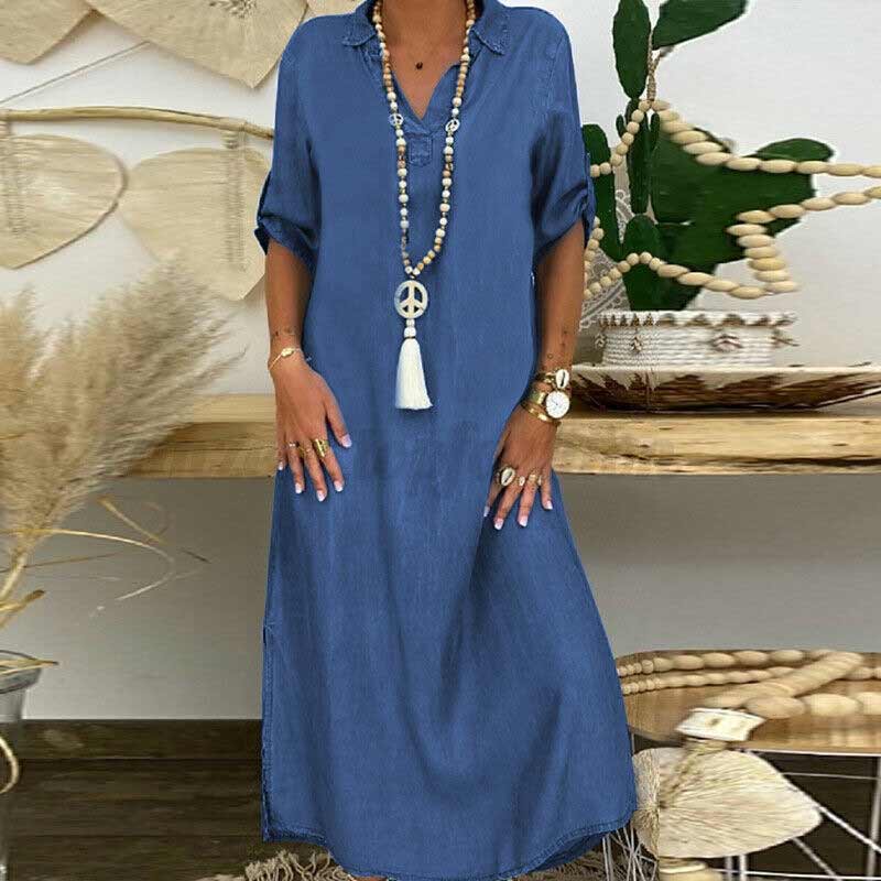 "Elegant maxi denimkjole med V-hals og splitt, kortermet, uformell stil, perfekt til vår- og sommersesongen."