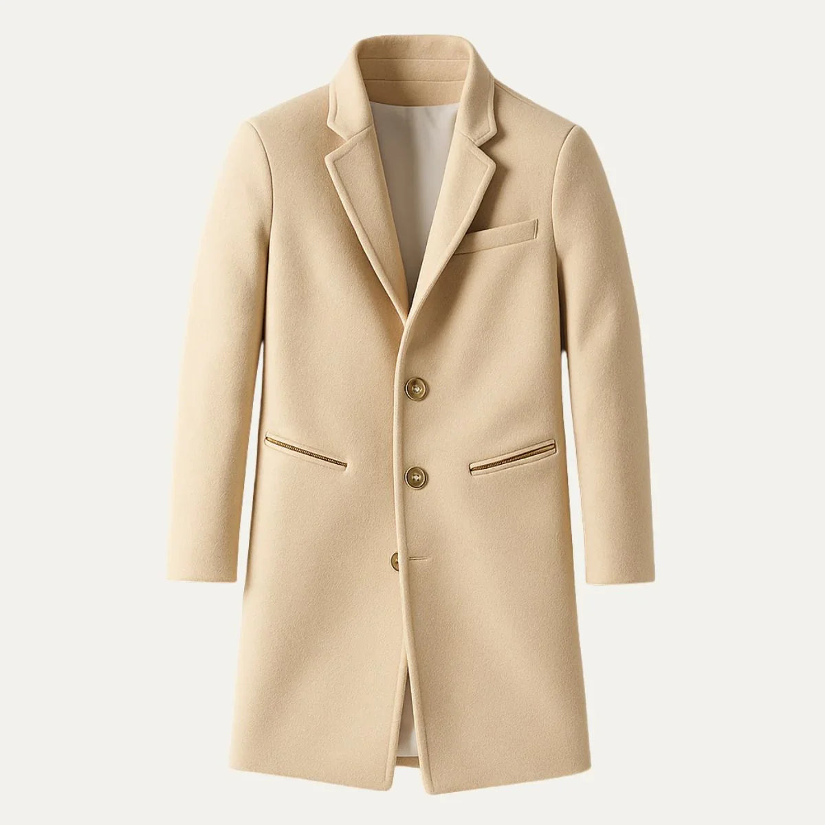 Stilren grå menns trenchcoat med skreddersydd passform. Varm og elegant lang vinterkåpe for herre.