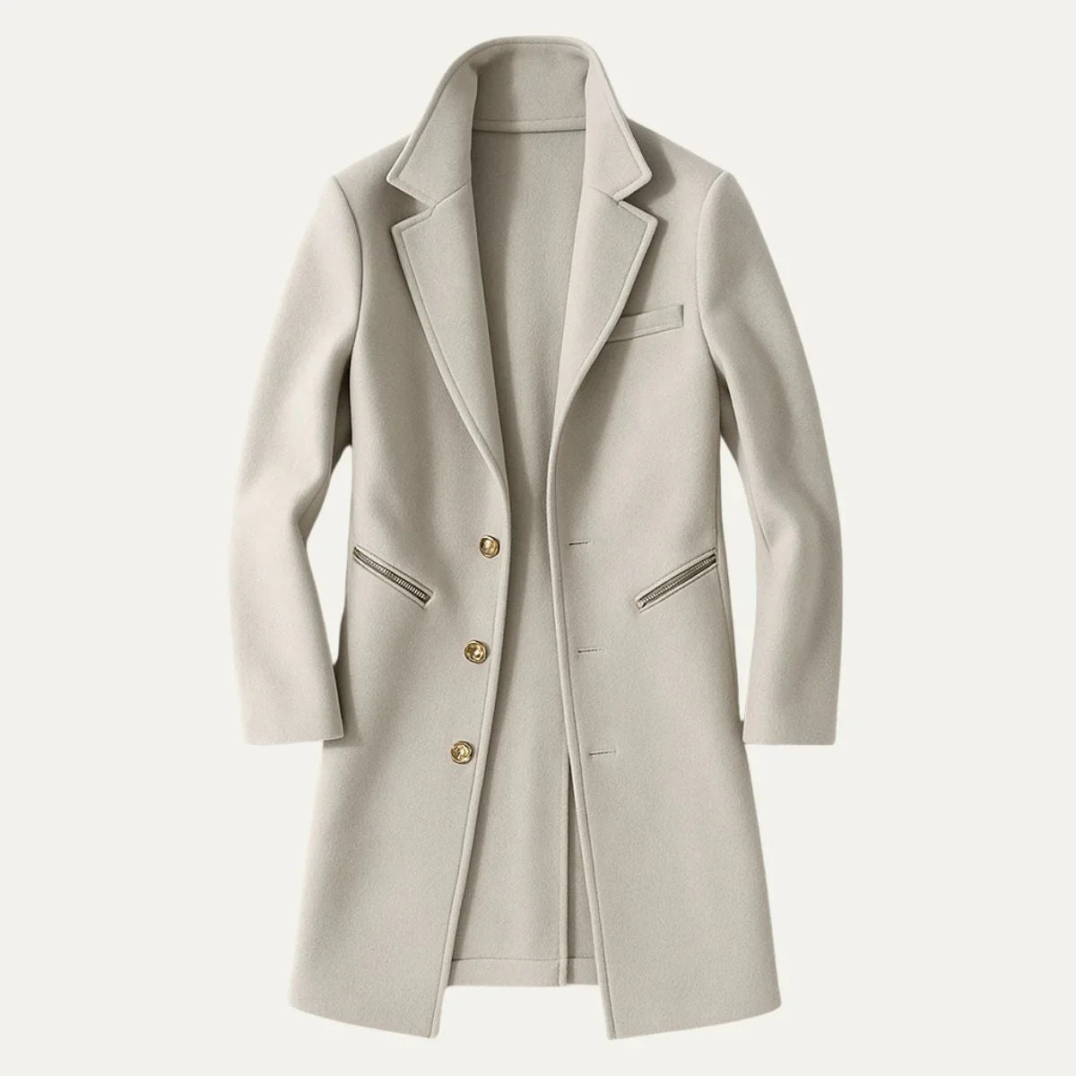 Khaki menns lang trenchcoat, allsidig yttertøy i klassisk design. Elegant herrefrakk for vinteren.