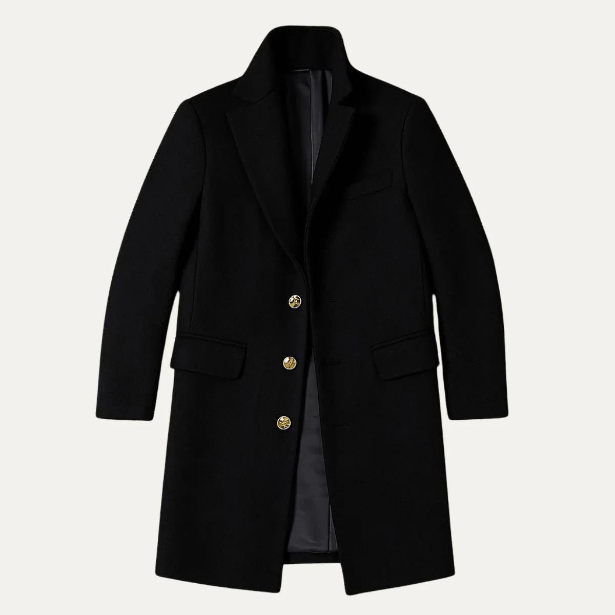 Svart menns trenchcoat, lang og elegant vinterkåpe. Perfekt klassisk herrefrakk for formelle anledninger.