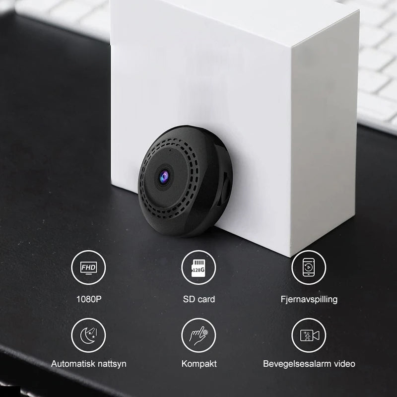 "Elegant mini WIFI-kamera med vidvinkel, nattvisjon og magnetisk base, kompakt design for sikkerhet i hjemmet."