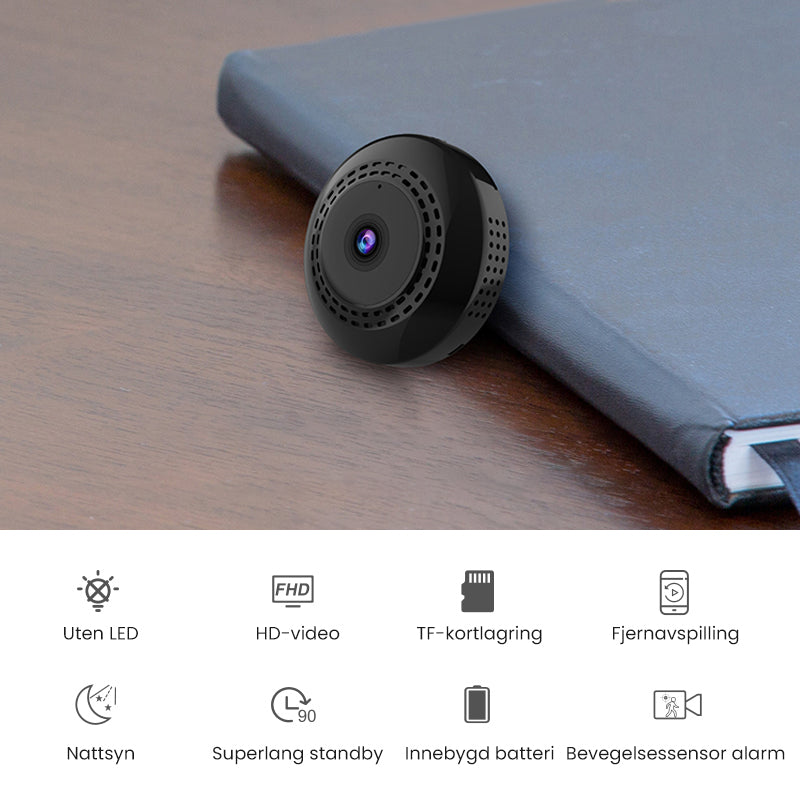 "Elegant mini WIFI-kamera med vidvinkel, nattvisjon og magnetisk base, kompakt design for sikkerhet i hjemmet."