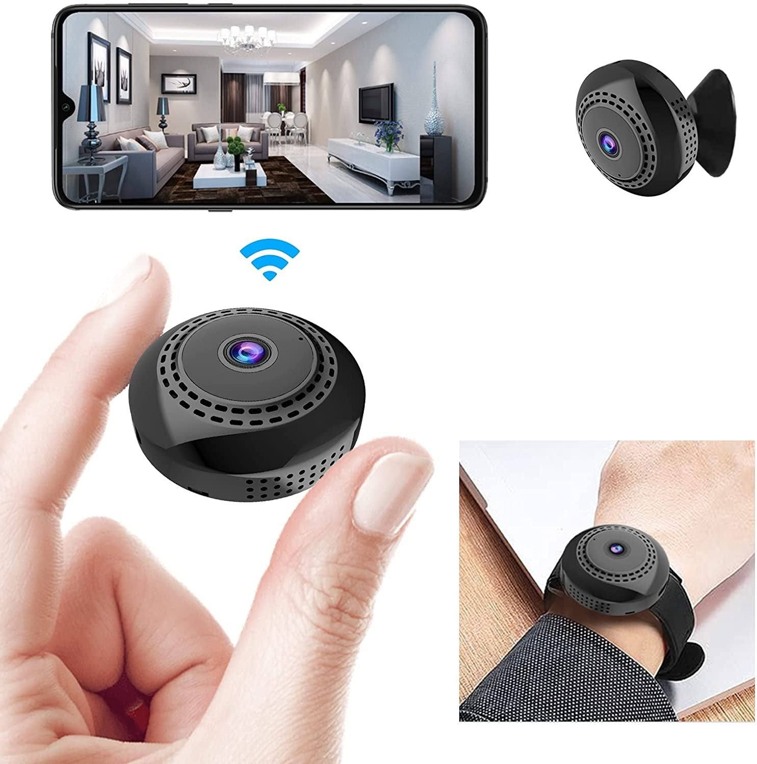 "Elegant mini WIFI-kamera med vidvinkel, nattvisjon og magnetisk base, kompakt design for sikkerhet i hjemmet."