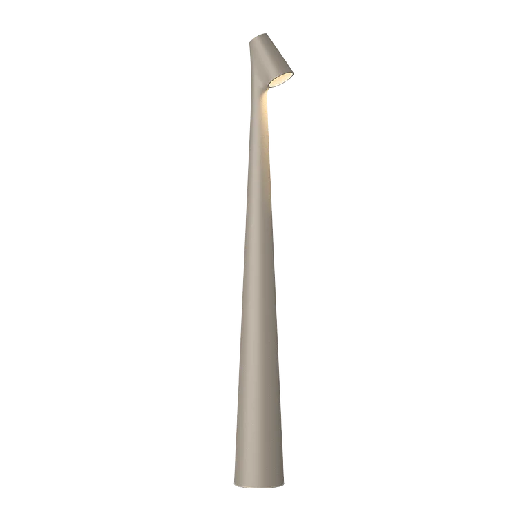 "Elegant minimalistisk bjelkelys i aluminium, trådløs og portabel, ideell som bordlampe for moderne innredning."
