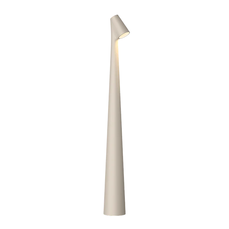 "Elegant minimalistisk bjelkelys i aluminium, trådløs og portabel, ideell som bordlampe for moderne innredning."