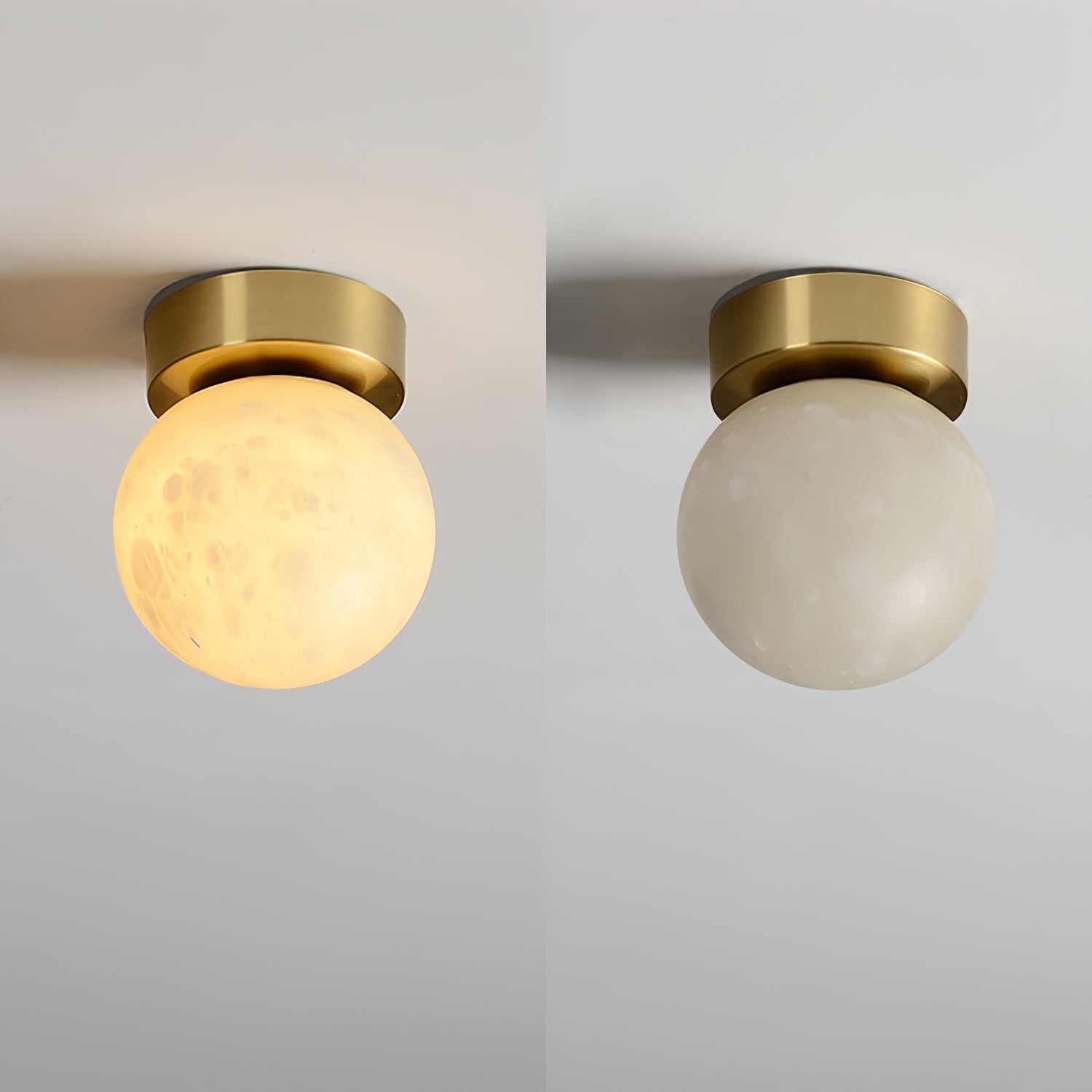"Elegant Moon Alabaster taklampe i messing og alabast, med mykt, varmt lys for en innbydende atmosfære."