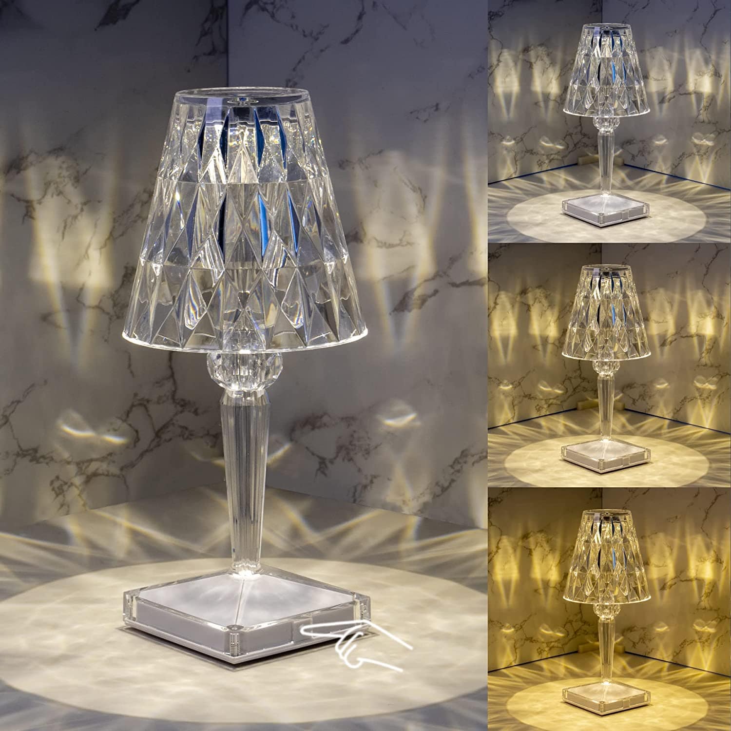 Trådløs LED-bordlampe med diamantdesign, oppladbar og ideell som nattbordlampe eller stemningslys.