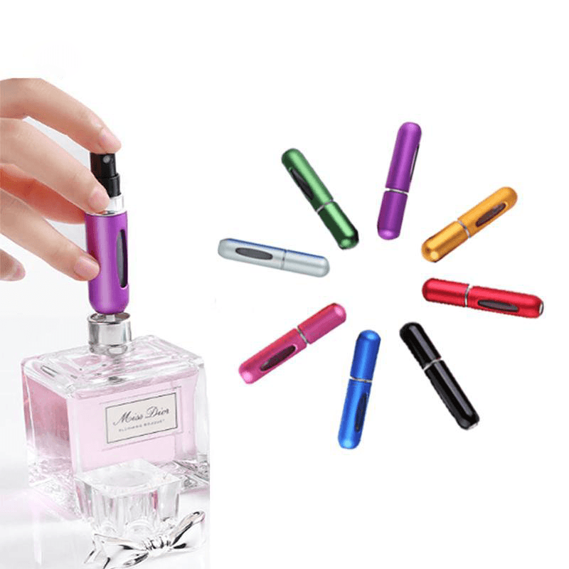 "Elegant refillbar reise-parfymespray for damer, kompakt 5 ml, flere fargevalg, lekkasjesikker, perfekt for håndbagasje."