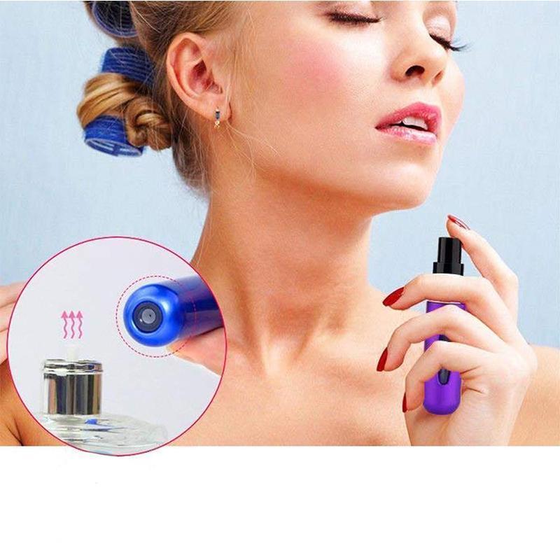 "Elegant refillbar reise-parfymespray for damer, kompakt 5 ml, flere fargevalg, lekkasjesikker, perfekt for håndbagasje."