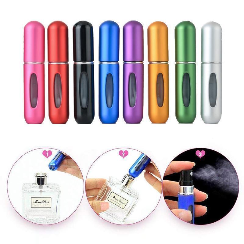 "Elegant refillbar reise-parfymespray for damer, kompakt 5 ml, flere fargevalg, lekkasjesikker, perfekt for håndbagasje."