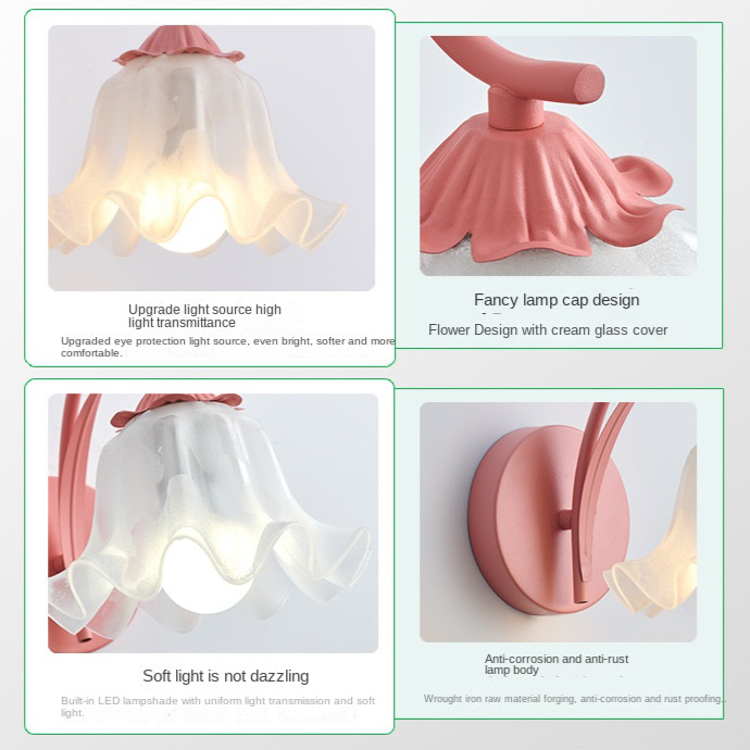 "Elegant retro vegglampe med blomsterdesign i rosa, gul og grønn. Fransk stil gir mykt lys og kunstnerisk touch til hjemmet."