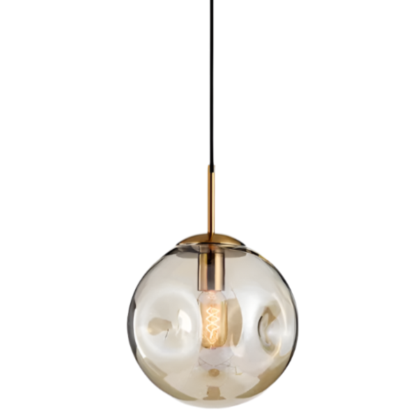 "Elegant sfærisk glasspendellampe med gullfinish, nordisk design, jevn lysfordeling, passer for moderne innemiljøer."