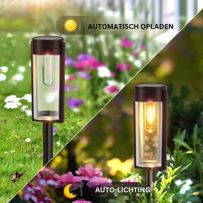Moderne svart solcelle hagebelysning, lyser opp uteplassen. Vanntett utendørslampe med lang levetid.