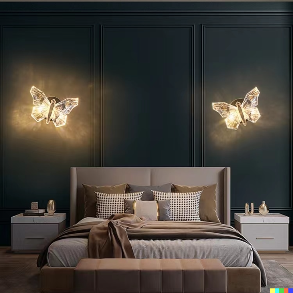 Nærbilde av sommerfugl LED vegglampe. Det elegante designet gir et mykt og innbydende lys.
